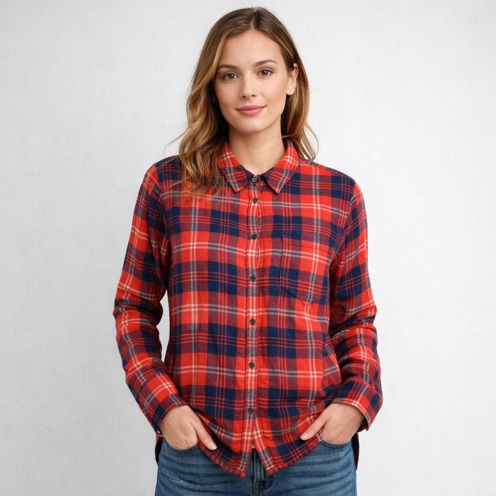 Madewell Red Navy Plaid Flannel Button Up Shirt Women Medium